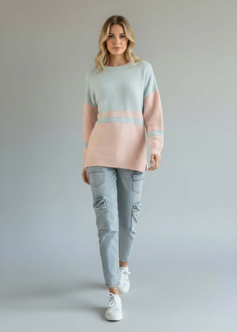 Altar'd State pastel blue and pink striped crewneck sweater